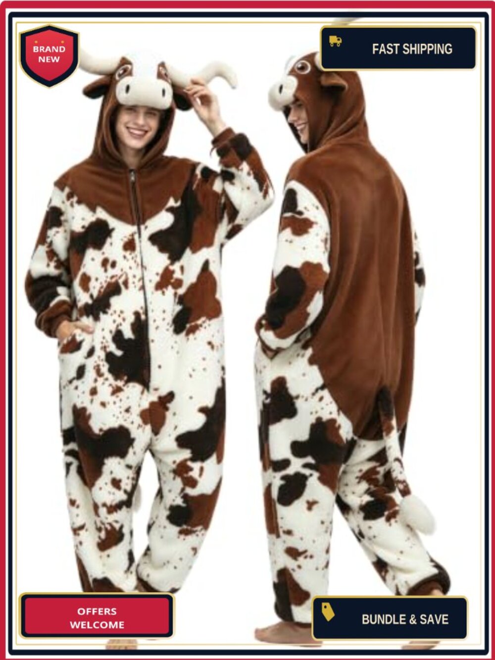 Loose-Fitting Cow Onesie Adult Plush Fleece Pajama Costume Hooded Halloween
